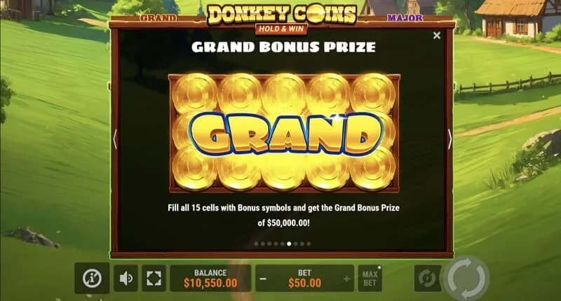 Donkey Coins Hold & Win - skärm med Mini, Minor, Major, Grand Jackpots