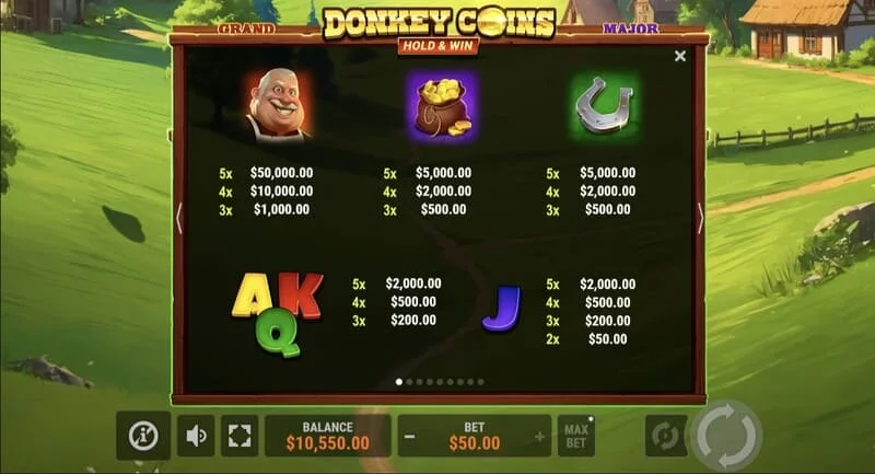 Donkey Coins Hold & Win - spelplan med klibbiga Coin-symboler